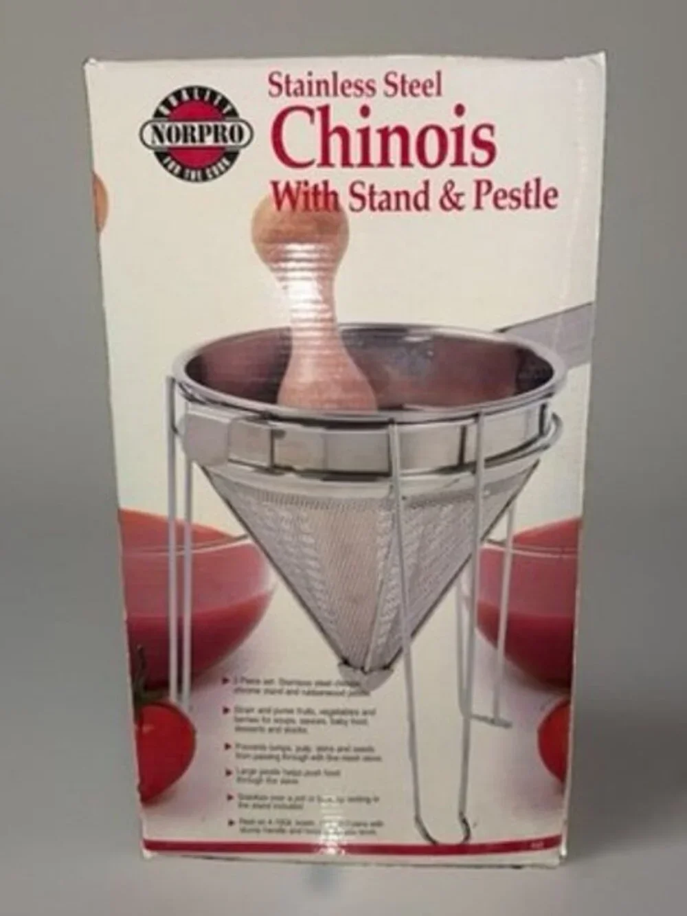 NIB Norpro Stainless Steel Chinois With Stand & Rubberwood Pestle, 3-Piece Set
